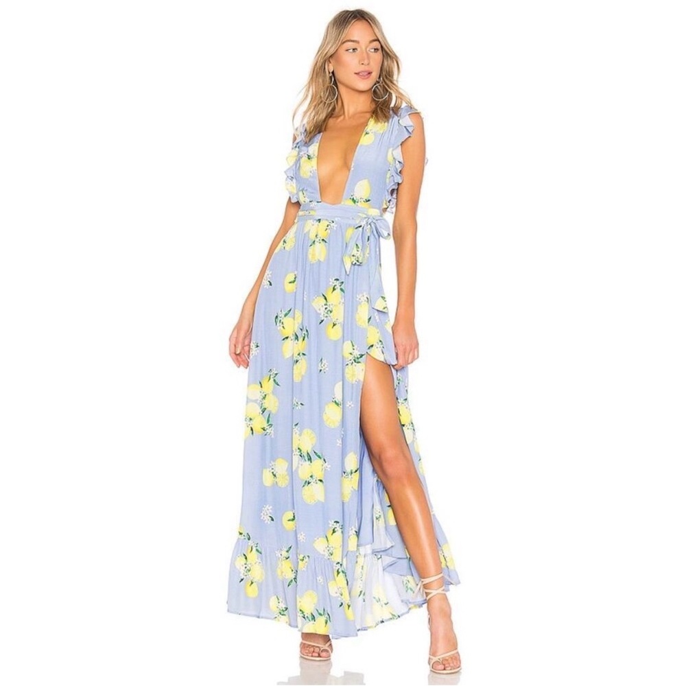 MAJORELLE Blue Lemon-Print Plunge Maxi Dress